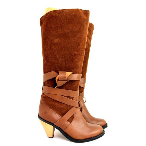 Report Shoes - REPORT TAN BROWN LEATHER SUEDE WOODEN 3" HEEL TALL BELT SLOUCHY PULL BOOTS 6.5M